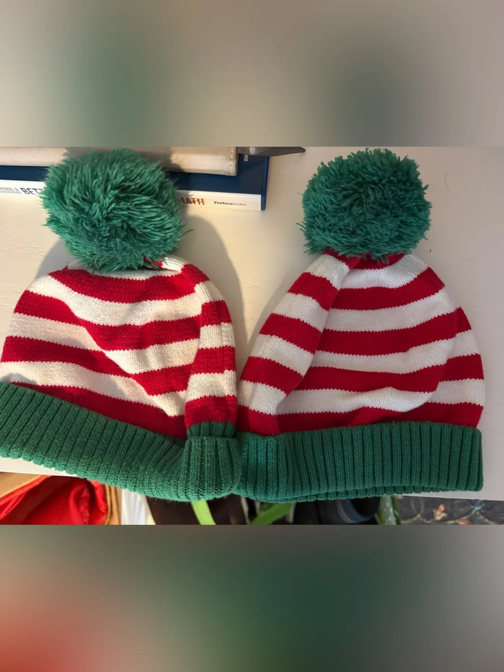 Hanna Andersson Red & White Striped Knit Hats with Green Cuff